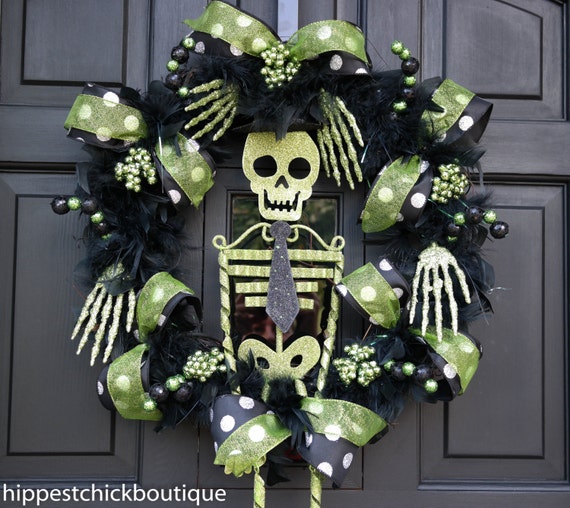 Halloween Wreath with Whimsy Skeleton by HipChicWreathBotique