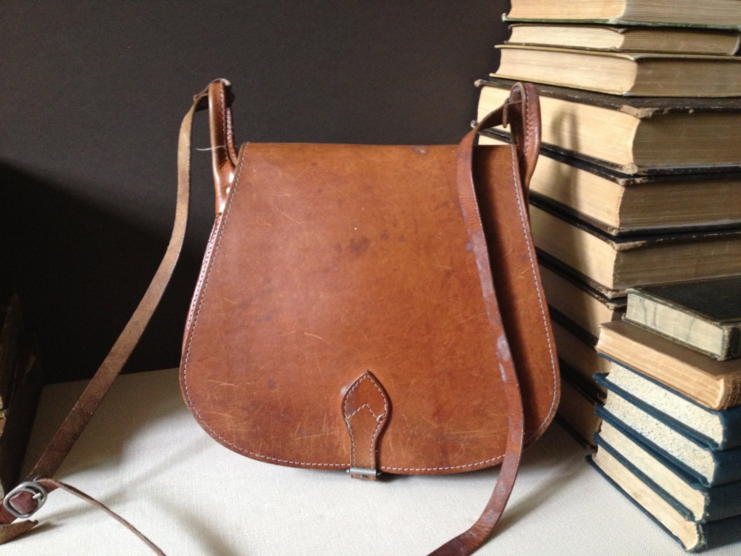 Leather Saddlebag Satchel Crossbody Handbag Cognac Brown