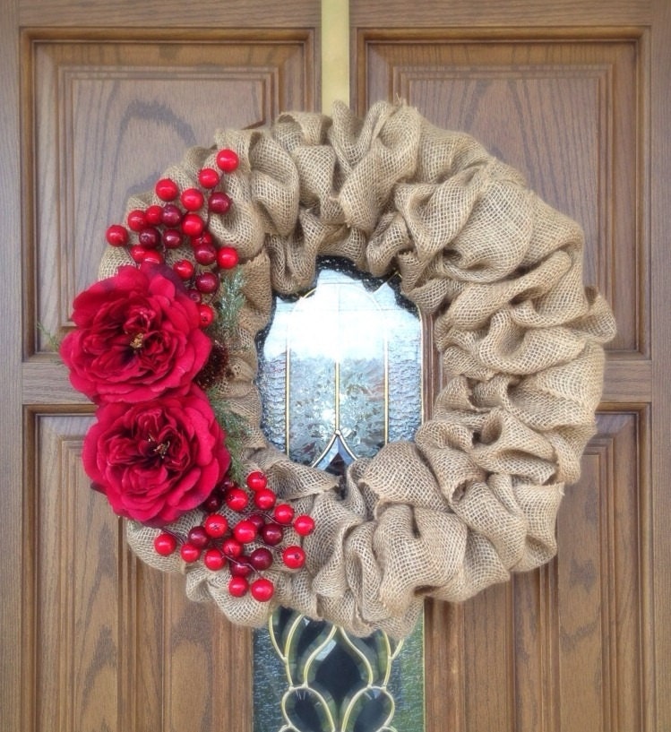 Red Burlap Christmas Wreath Holiday Wreath By Sparetimedesign25 7966