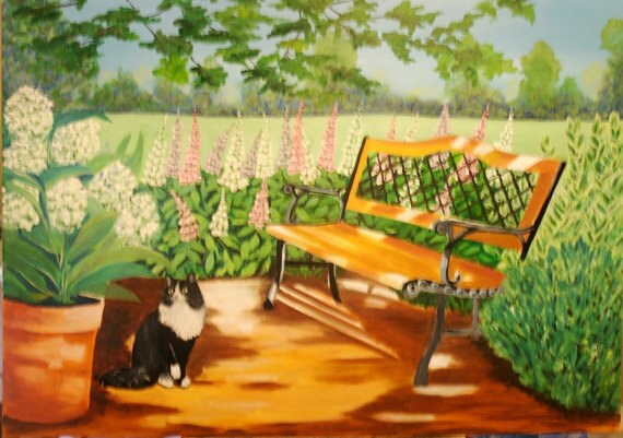 Cat in A Garden Oil Painting 36 X 48 inches original artwork