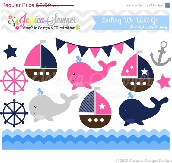 50% OFF - INSTANT DOWNLOAD, baby girl sailing clip art, whale clipart, sail boat, nautical graphic, commercial use for invitations, announc Il_570xn