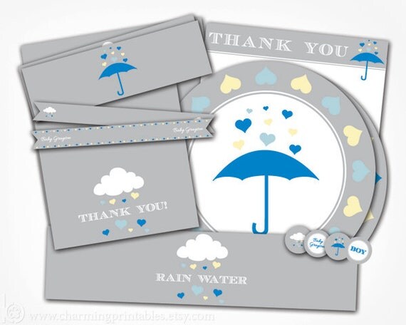 Rain Baby Shower Package - Baby Boy Shower - PRINTABLE (Labels, Tags, Wrappers, Flags, Circles) - Rain Shower Collection Il_570xn