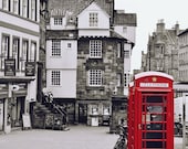 Edinburgh Print, Large City Wall Art, Red Phone Box, Black and White Photography, Architectural Print, Urban, Telephone Booth, Scotland Art