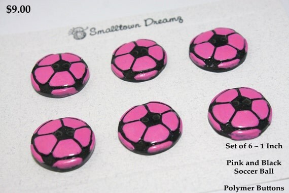 Handmade Black and Pink Soccer Ball ~ Polymer Clay Buttons (Set of 6)