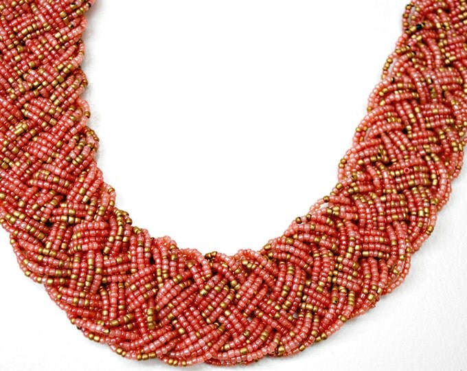 Torsade necklace - Pink and Gold Bead - Braided necklace - boho woven