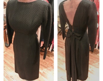 1950s Black Formal Maxi Dress Vintage Bustle Dress Wool Crepe Open Back ...