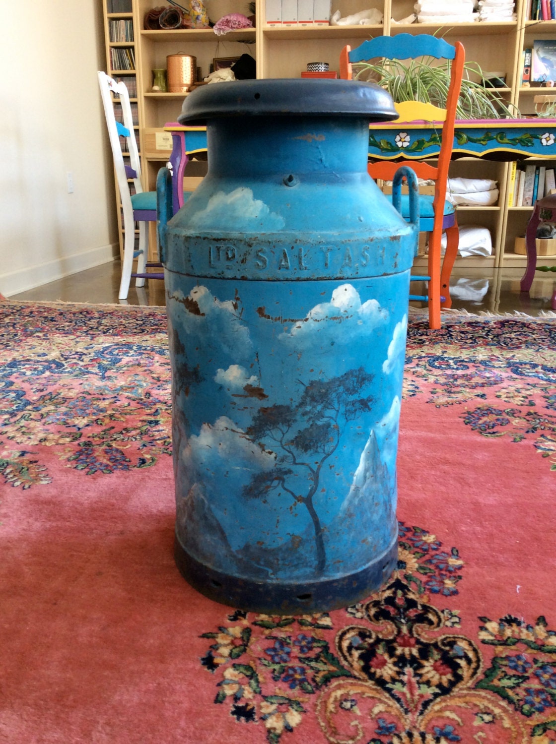 English Scenic Painted Milk Jug Stool Haute Juice