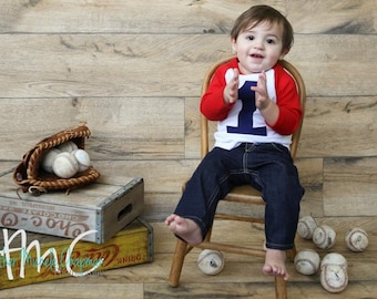 My First Birthday shirt Red and White Raglan Shirt with navy 1 Raglan 1st Birthday TShirt Boys baseball sports outfit balls circles party