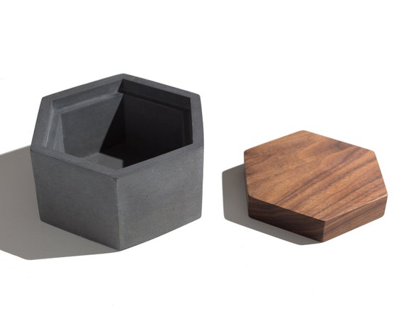 hexagon concrete box with walnut lid / minimalist by