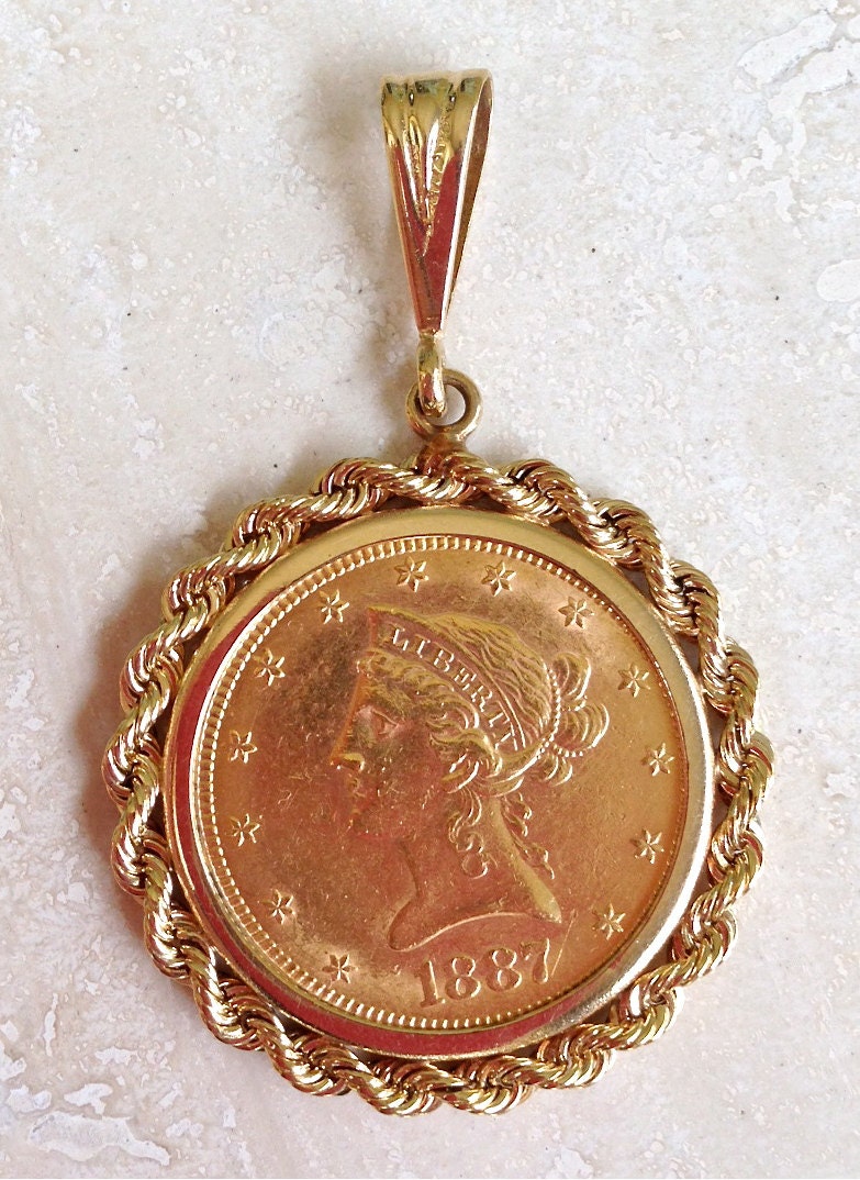 Exquisite 1887 10 Dollar Gold Piece Pendant with Twisted Rope