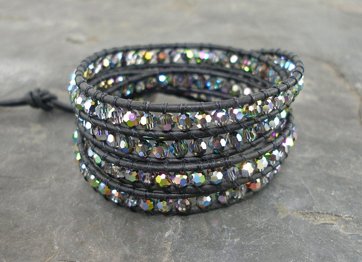 SALE Leather Wrap Swarovski Crystal Bracelet by Braceletologie