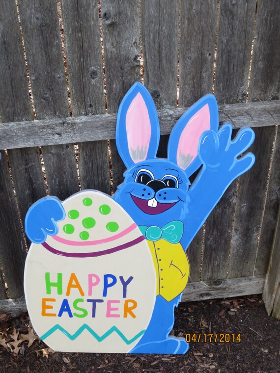Happy Easter Waving Bunny Outdoor Wood Sign Yard Art, Lawn Decoration, Easter Bunny Outdoor