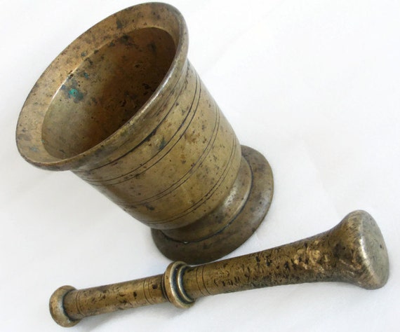 Antique Mortar And Pestle Heavy Brass Herb Grinder Apothecary 5134