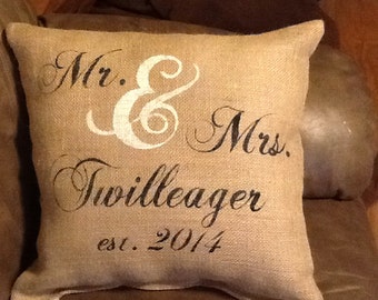 Personalized mr and mrs pillow, burlap pillow, wedding gift, valentines gift