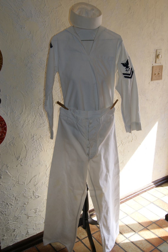 Vintage 1959 United States Navy Crackerjack White With Black Trim Uniform Including Hat Shirt And Pants