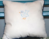 Embroidered Blue Bird Pillow, Plaid Mohair Back