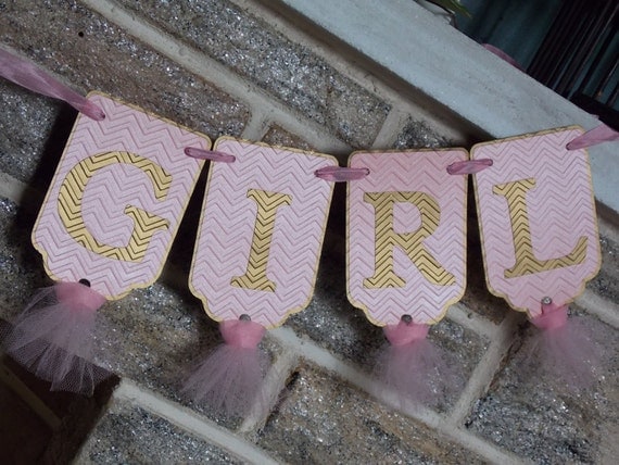It's a Girl Banner Chevron Embossed Pink and Gold Banner