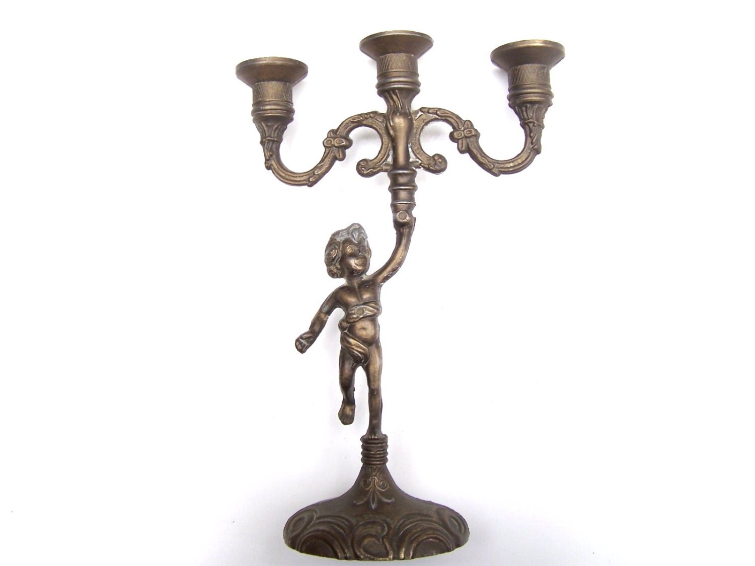 Vintage French cast bronze Candle Holder Cherub candelabra