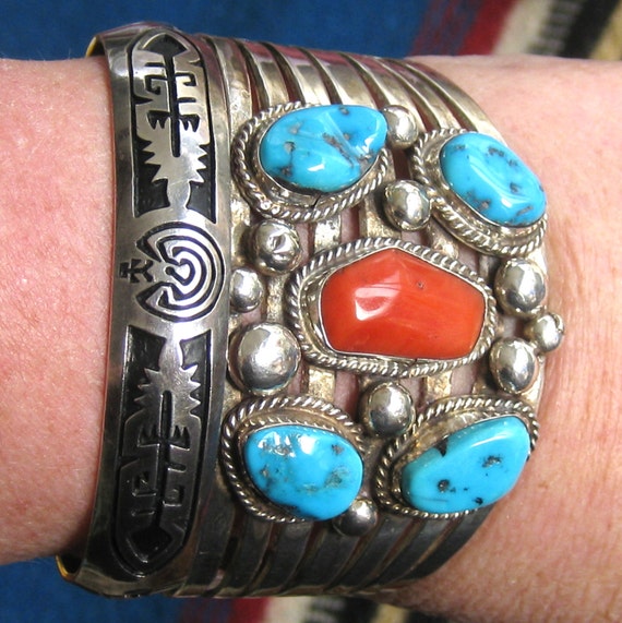 Turquoise Coral Sterling Silver Cuff Bracelet Vintage Signed