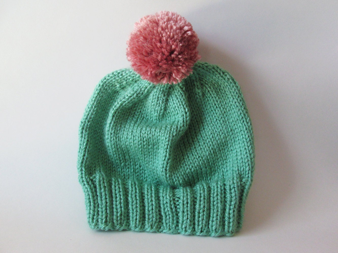 one-of-a-kind knit pom pom hat // mint with rose pom pom – Etsy finds