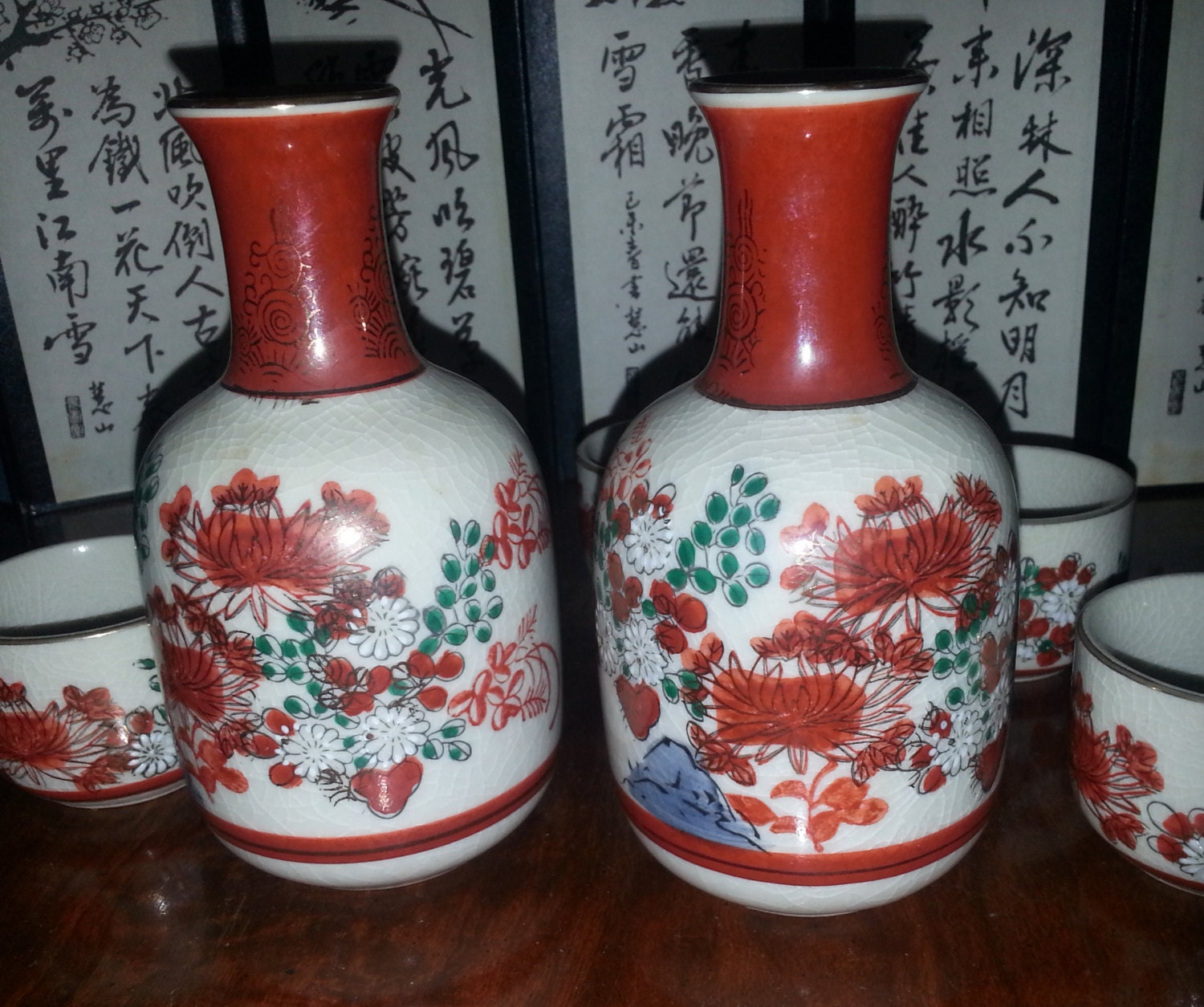 Vintage Genuine Japanese Kutani Sake Set Asian Collectible