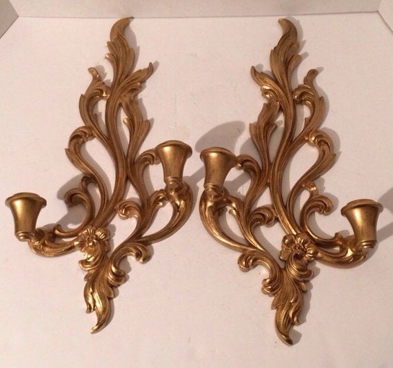 Ornate Sconces Pair Gilt Double Candle Holders Syroco Wood