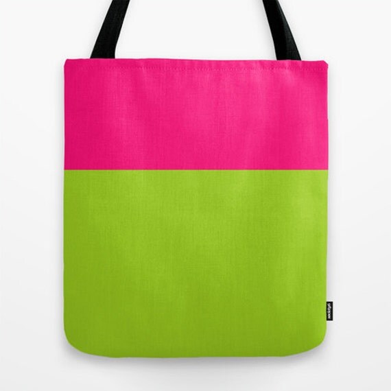 Pink and green color block tote bag