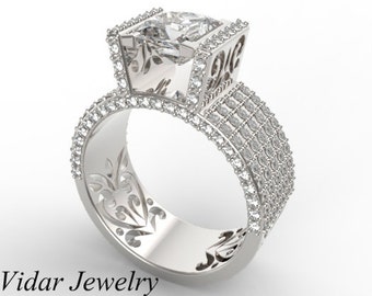 Diamond Engagement Ring,Princess Cut Engagement Ring,Unique Engagement Ring,Princess Cut Diamond Engagement Ring,Wide Band,Pave Engagement