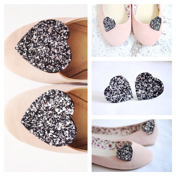 Glitter Heart Shoe Clips Gunmetal Metallic Glitter by PollyMcGeary