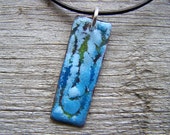 Copper Enamel Pendant Abstract Rectangle  Grey, Blue and Green