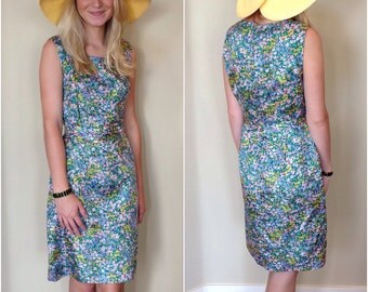 60s Dress // Vintage 1960s Green Ditsy Floral Column Sheath Dress Size S M