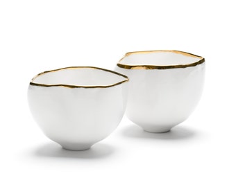 Elegant Set of Ceramic Bowls, Porcelain, White, Gold, Handmade Ceramics and Pottery, Set of Two Bowls