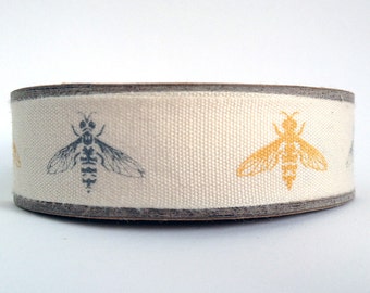 1m Bumble bee print fabric cotton ribbon trim tape - yellow grey - 1 metre