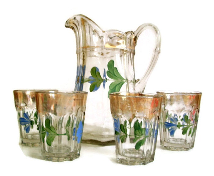 Vintage Glass Pitcher Hand Painted Flowers Gold Green and