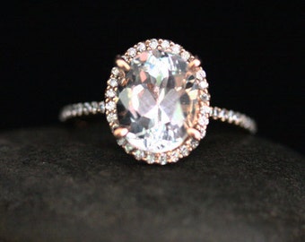 Oval White Topaz Ring White Topaz Engagement Ring in 14k Rose Gold with White Topaz Oval 10x8mm and Diamond Halo