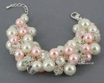 Pearl Cluster Bracelet, Pink Pearl Bracelet, Pink and Ivory Bracelet, Chunky Bracelet, Bridesmaids Bracelet, Wedding, Jewelry, Bracelet