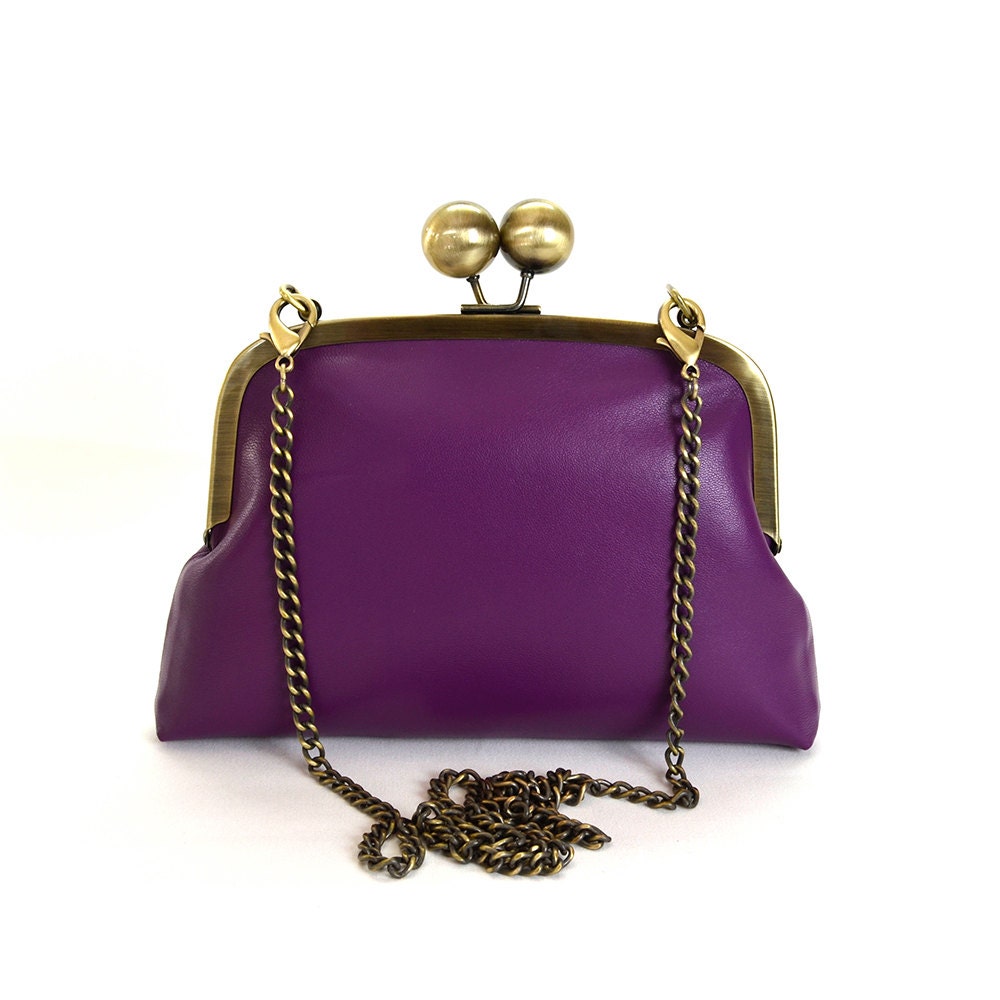 Purple leather purse clutch with chain strap / kiss lock