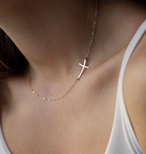 14k Gold Horizontal Cross Necklace Sideways Cross Necklace