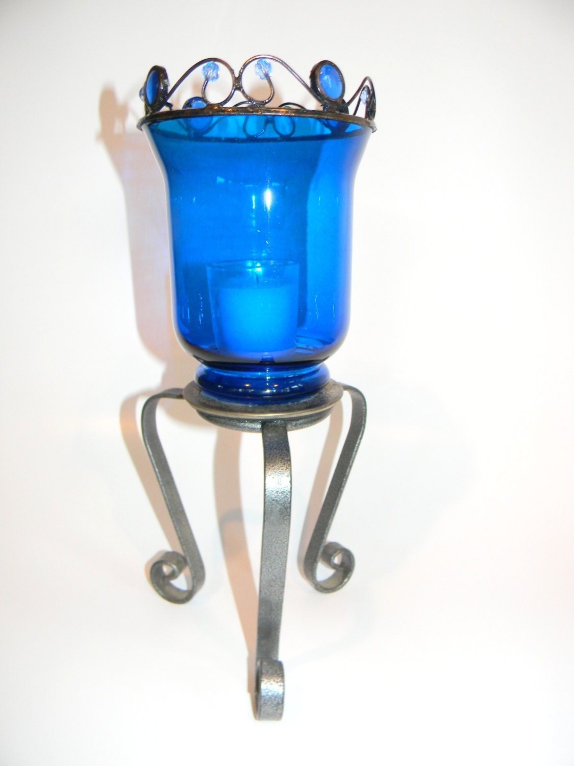 Blue Glass Candle Holder on Wrought Iron Pedestal