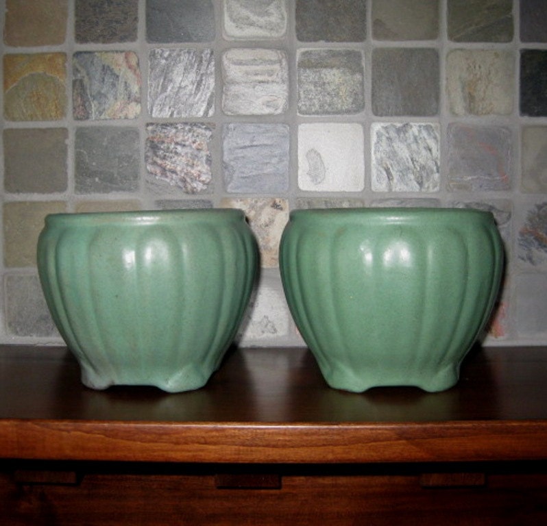 Zanesville Pottery Jardinieres Matte Green Glaze Set of Two