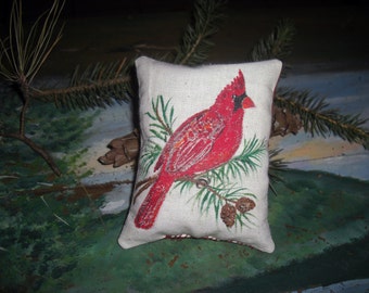 Country French Balsam Fir Pillow Handpainted Cardinal Design Square 4" x 3 1/2" Great Wedding Favor