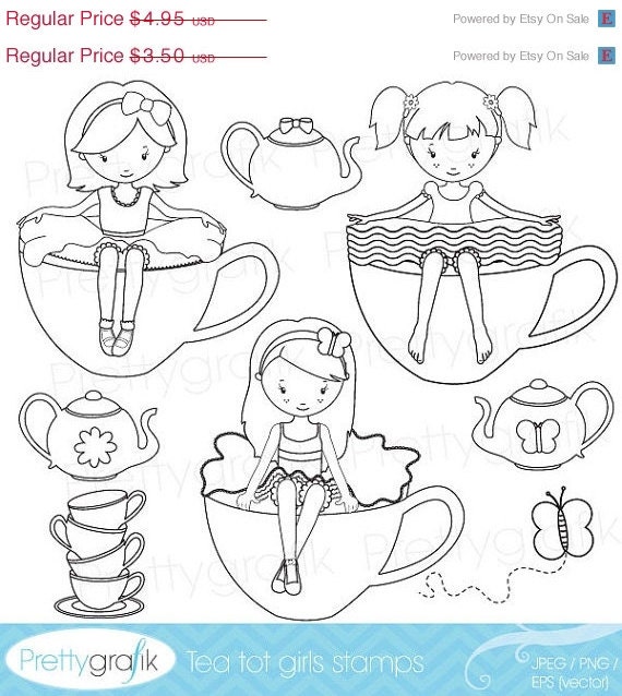 80% OFF SALE tea girls digital stamp commercial use, vector graphics, digital stamp, digital images - DS515 Il_570xn