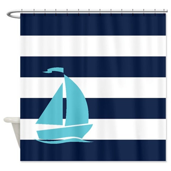 Nautical Shower CurtainNavy Blue and White StripesAqua