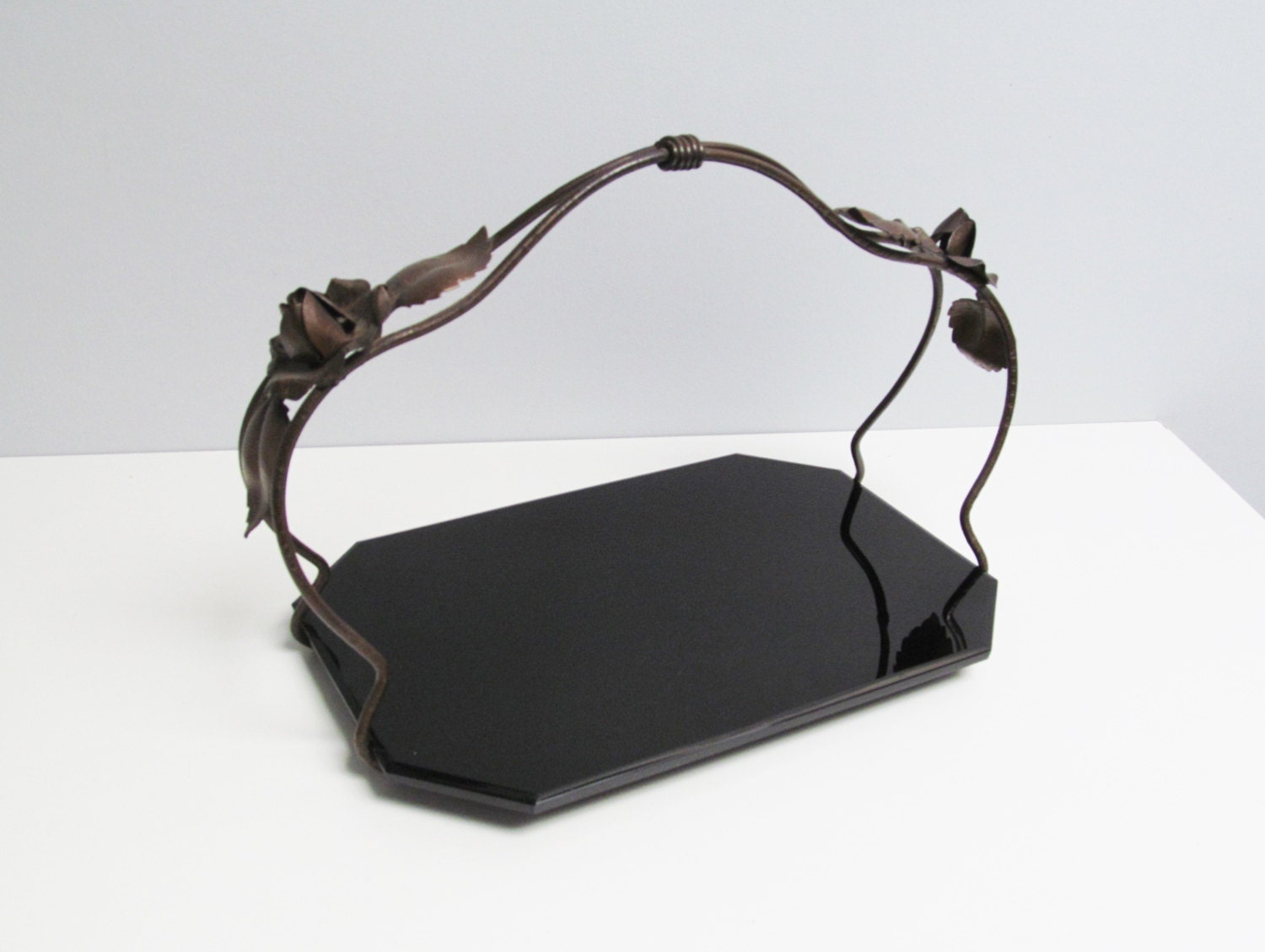 Vintage Black glass and bronze handle serving tray, butler tray