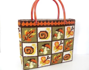 Vintage Needlepoint Tote Bag, 1970's Mushroom, Butterfly Purse, Tote, Fall Tote Bag, Vintage Handmade, Green, Orange Tote, 1970s Tote, Purse