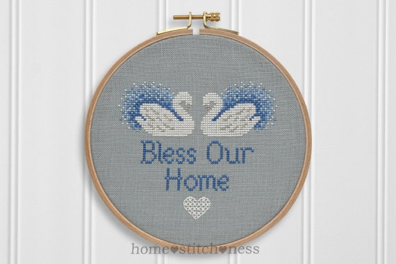 PDF Chart Bless Our Home Cross Stitch Pattern Art Deco Swan Vase Blue Hydrangea Embroidery Pattern Needle Design Embroidery Hoop Wall Art
