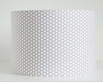 Lampshade in small honeycomb grey and white mosaic circle dot spot fabric handmade drum