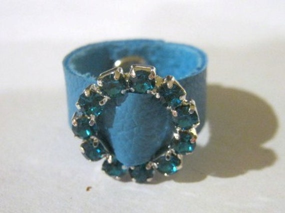 Blue Rinestone & Turquoise Leather Ring Size 6.25 Belt Buckle Ring