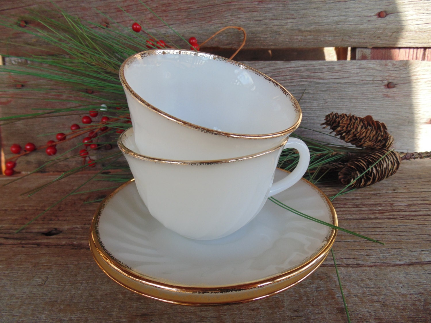 2 Vintage Fire King Cups and Saucers gold rimmed white milk