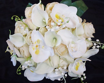 Silk Wedding Bouquet with Champagne Roses, Callas and Orchids - Silk Flower Bride Bouquet - Almost Fresh